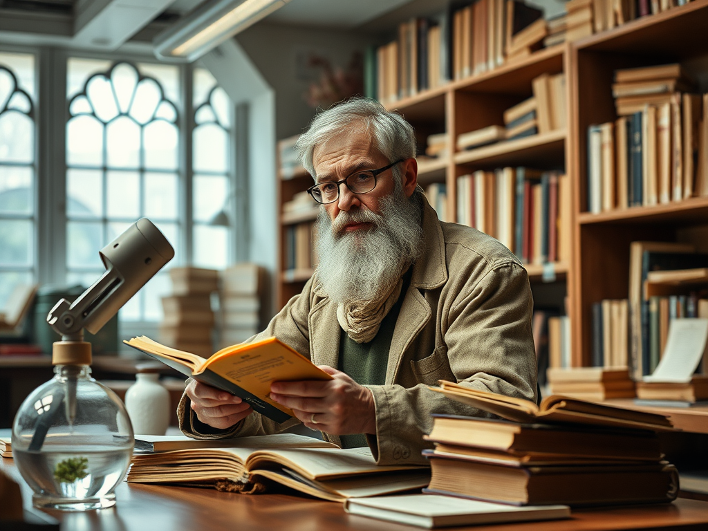 Пожилой мужчина с бородой читает книгу в библиотеке, окружённый полками с книгами.